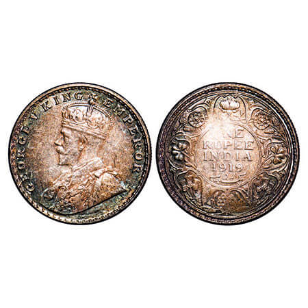 George V, Silver, Rupee, 1919, Bombay Mint, Dot, Ghost on Rev, Alphabate ‘O’ of One die fi