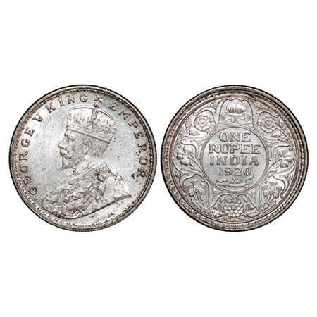 George V, Silver, Rupee, 1920, Calcutta Mint, No dot, Die crack on Rev. F. Prid 216. GK 10
