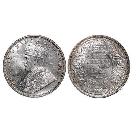 George V, Silver, Rupee, 1921, Bombay Mint, Dot, Raised initials ‘B M’ (Bertram MacKennal)