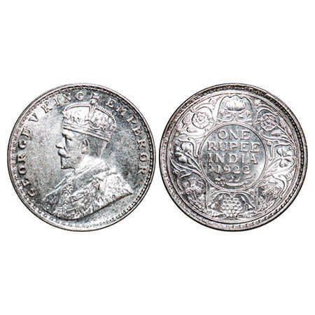 George V, Silver, Rupee, 1922, Bombay Mint, Dot 228. F. Prid. GK 1044. Uncirculated. Rare.