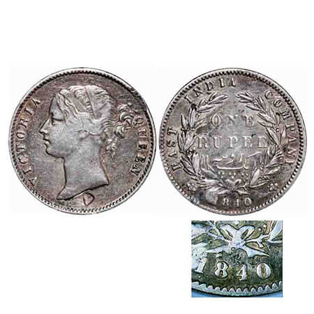 Victoria Queen, Silver, Rupee, 1840, DL, MULE, Calcutta Mint, W.W. raised, Wreath with 26 