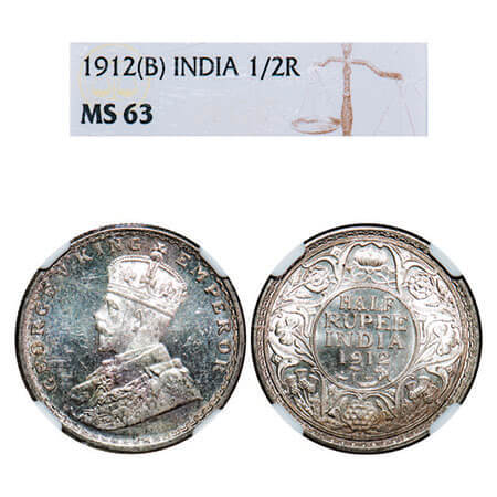 George V, Silver, Half Rupee, 1912, Bombay Mint, Dot, Re-drawn Elephant. F. Prid 336. GK 1