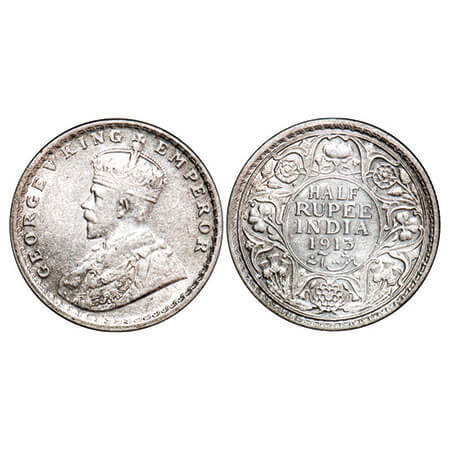 George V, Silver, Half Rupee, 1913, Calcutta Mint, No dot. F. Prid 320. GK 1048. Extremely