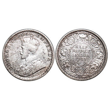 George V, Silver, Half Rupee, 1913, Calcutta Mint, No dot. F. Prid 320. GK 1048. About Ext