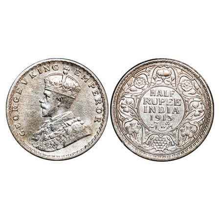 George V, Silver, Half Rupee, 1913, Bombay Mint, Dot. F. Prid 337. GK 1049. Extremely Fine