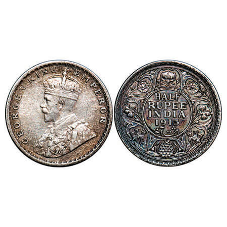 George V, Silver, Half Rupee, 1913, Bombay Mint, Dot. F. Prid 337. GK 1049. Extremely Fine