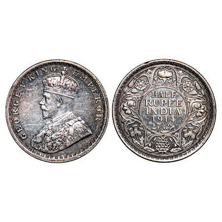 George V, Silver, Half Rupee, 1914, Bombay Mint, Dot, Small nick on Rev rim edge. F. Prid 