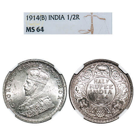 George V, Silver, Half Rupee, 1914, Bombay Mint, Dot. F. Prid 338. GK 1051. NGC Slabbed MS
