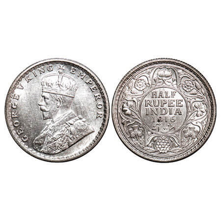 George V, Silver, Half Rupee, 1916, Calcutta Mint, No dot. F. Prid 323. GK 1053. Brilliant