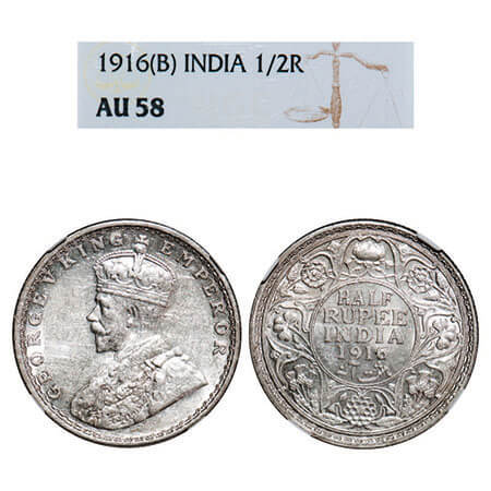 George V, Silver, Half Rupee, 1916, Bombay Mint, Dot. F. Prid 340. GK 1054. NGC Slabbed AU