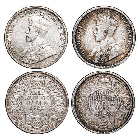 George V, Silver, Half Rupee, (2 coins), 1916, 1923, Bombay Mint, dot. F. Prid 340, 345. G