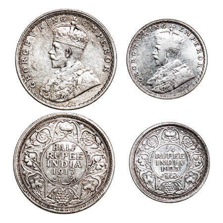 George V, Silver, (2 coins), 1) Half Rupee, 1917, Bombay Mint, Dot, 2) 1/4 Rupee, 1925, Bo