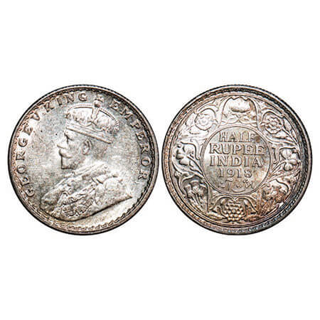 George V, Silver, Half Rupee, 1918, Bombay Mint, Dot. F. Prid 342. GK 1056. Brilliant Unci