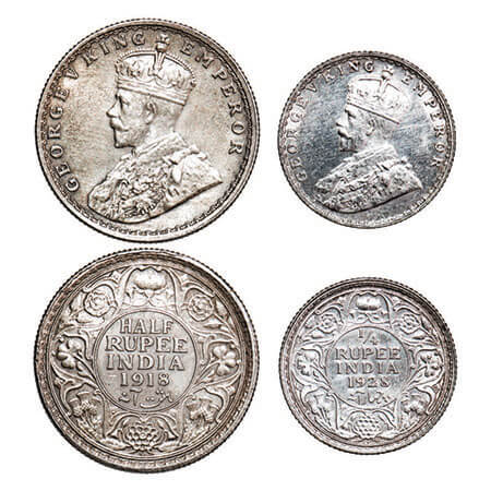 George V, Silver, (2 coins), 1) Half Rupee, 1918, Bombay Mint, Dot, 2) 1/4 Rupee, 1928, Bo