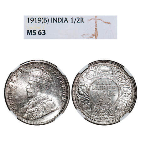 George V, Silver, Half Rupee, 1919, Bombay Mint, Dot. F. Prid 343. GK 1057. NGC Slabbed MS
