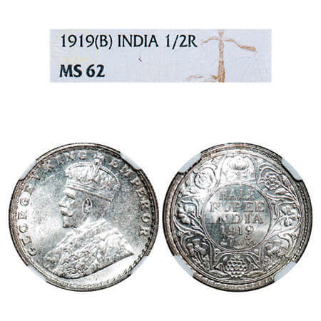 George V, Silver, Half Rupee, 1919, Bombay Mint, Dot. F. Prid 343. GK 1057. NGC Slabbed MS