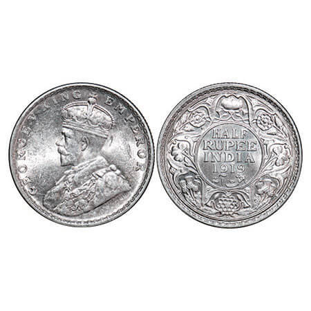 George V, Silver, Half Rupee, 1919, Bombay Mint, Dot. F. Prid 343. GK 1057. Brilliant Unci