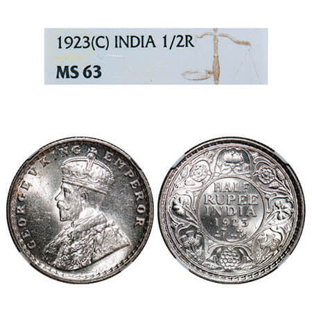 George V, Silver, Half Rupee, 1923, Calcutta Mint, No dot. F. Prid 326. GK 1061. NGC Slabb