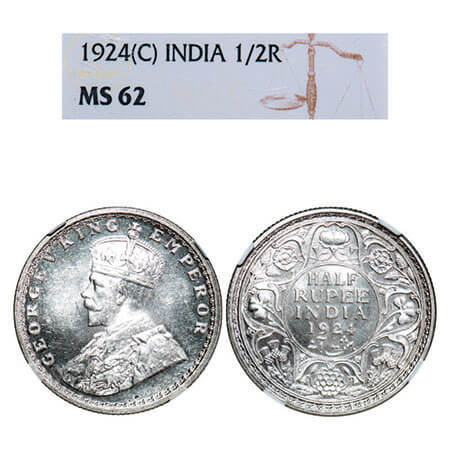 George V, Silver, Half Rupee, 1924, Calcutta Mint, No dot. F. Prid 327. GK 1063. NGC Slabb