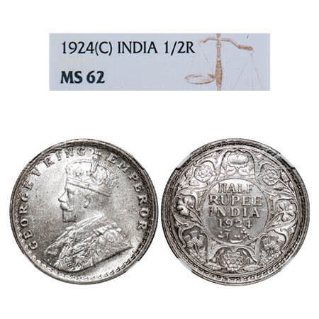 George V, Silver, Half Rupee, 1924, Calcutta Mint, No dot. F. Prid 327. GK 1063. NGS Slabb