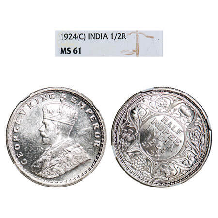 George V, Silver, Half Rupee, 1924, Calcutta Mint, No dot, 1‘o clock die rotation on Rev. 