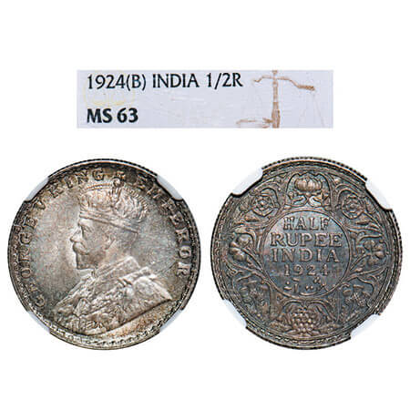George V, Silver, Half Rupee, 1924, Bombay Mint, Dot. F. Prid 346. GK 1064. NGC Slabbed MS