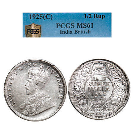 George V, Silver, Half Rupee, 1925, Calcutta Mint, No dot. F. Prid 328. GK 1065. PCGS Slab