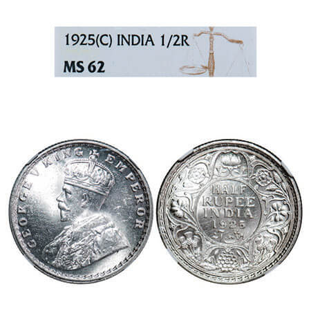 George V, Silver, Half Rupee, 1925, Calcutta Mint, No dot. F. Prid 328. GK 1065. NGC Slabb
