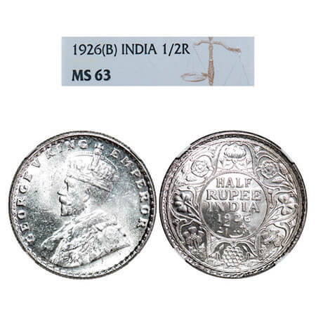 George V, Silver, Half Rupee, 1926, Bombay Mint, Dot. F. Prid 348. GK 1068. NGC Slabbed MS