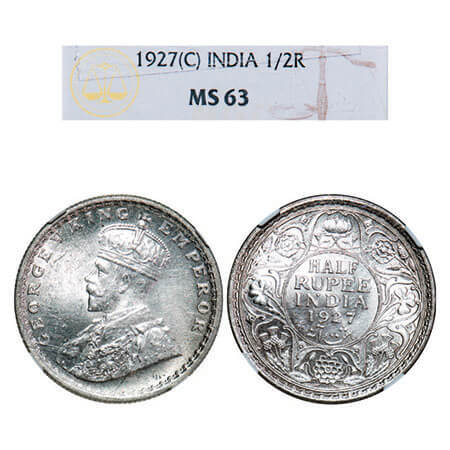 George V, Silver, Half Rupee, 1927, Calcutta Mint, No dot. F. Prid 330. GK 1069. NGC Slabb