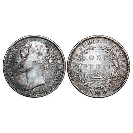Victoria Queen, Silver, Rupee, 1840, DL, Calcutta Mint, W.W. raised, Wreath with 28 Berrie