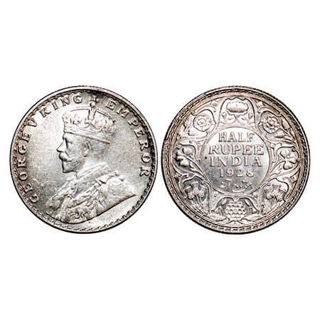 George V, Silver, Half Rupee, 1928, Bombay Mint, Dot. F. Prid 349. GK 1070. Almost Uncircu