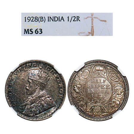 George V, Silver, Half Rupee, 1928, Bombay Mint, Dot. F. Prid 349. GK 1070. NGC Slabbed MS