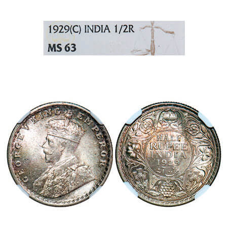 George V, Silver, Half Rupee, 1929, Calcutta Mint, No dot. F. Prid 331. GK 1071. NGC Slabb