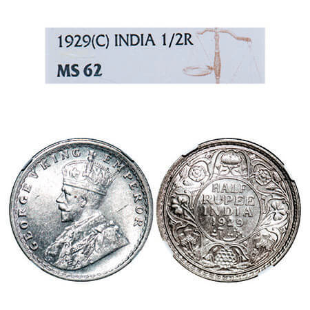 George V, Silver, Half Rupee, 1929, Calcutta Mint, No dot. F. Prid 331. GK 1071. NGC Slabb