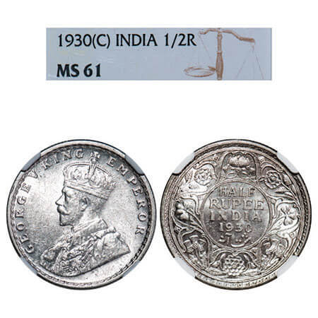 George V, Silver, Half Rupee, 1930, Calcutta Mint, No dot. F. Prid 332. GK 1072. NGC Slabb