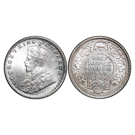George V, Silver, Half Rupee, 1933, Calcutta Mint, No dot. F. Prid 333. GK 1073. Uncircula