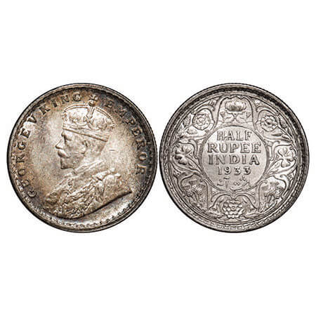 George V, Silver, Half Rupee, 1933, Calcutta Mint, No dot. F. Prid 333. GK 1073. Uncircula
