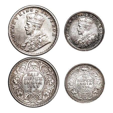 George V, Silver, (2 coins), 1) Half Rupee, 1933, Calcutta Mint, No dot, 2) 1/4 Rupee, 193