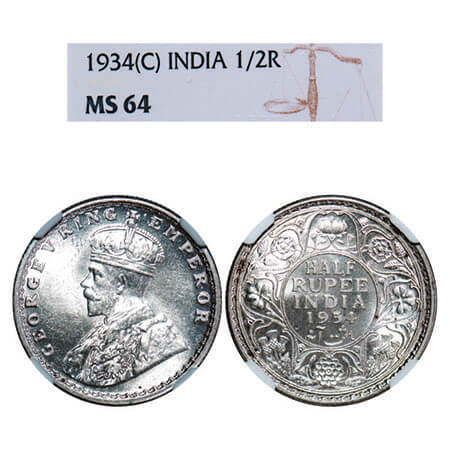 George V, Silver, Half Rupee, 1934, Calcutta Mint, No dot. F. Prid 334. GK 1074. NGC Slabb