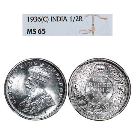 George V, Silver, Half Rupee, 1936, Calcutta Mint, No dot. F. Prid 335. GK 1075. NGC Slabb