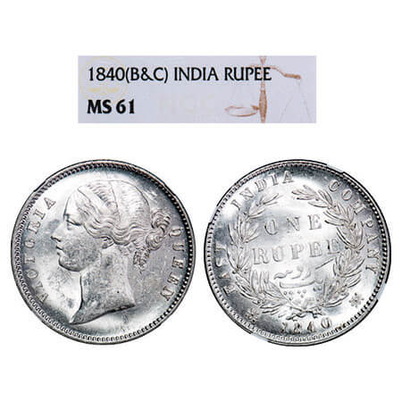 Victoria Queen, Silver, Rupee, 1840, DL Calcutta Mint, W.W. raised, Wreath with 28 Berries