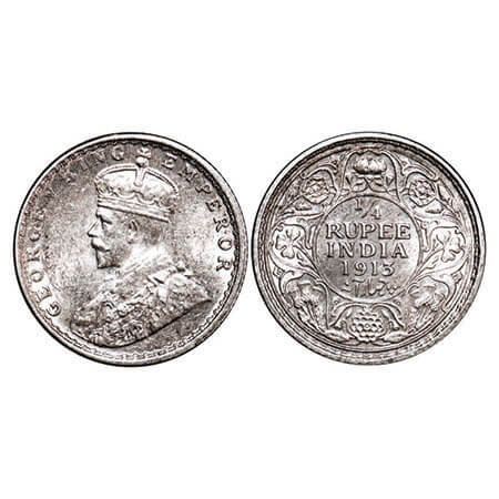 George V, Silver, 1/4 Rupee, 1913, Calcutta Mint, No dot. F. Prid 442. GK 1083. Uncirculat