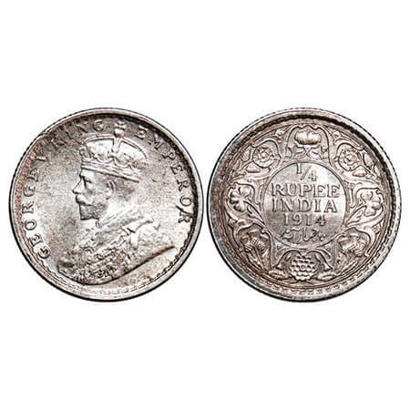 George V, Silver, 1/4 Rupee, 1914, Calcutta Mint, No dot. F. Prid 443. GK 1085. Almost Unc