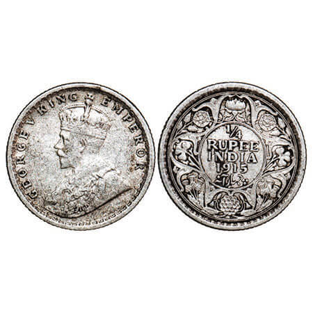 George V, Silver, 1/4 Rupee, 1915, Calcutta Mint, No dot. F. Prid 444. GK 1087. Very Fine+
