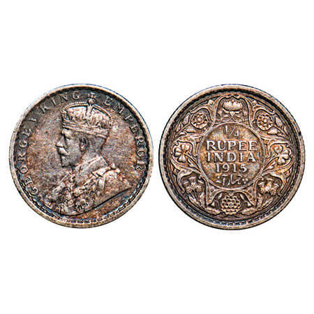 George V, Silver, 1/4 Rupee, 1915, Calcutta Mint, No dot. F. Prid 444 . GK 1087. Extremely