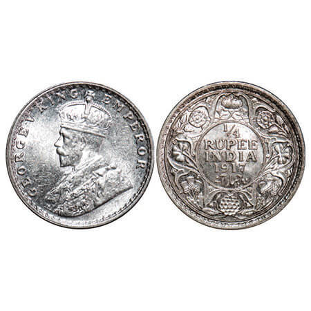 George V, Silver, 1/4 Rupee, 1917, Calcutta Mint, No dot. F. Prid 446. GK 1090. Mint State