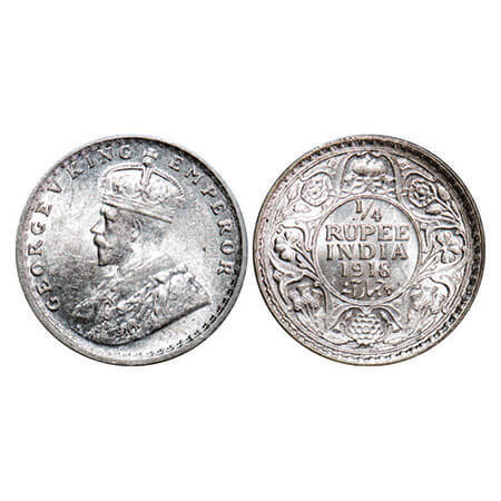 George V, Silver, 1/4 Rupee, 1918, Calcutta Mint, No dot. F. Prid 447. GK 1091. Mint State