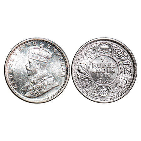 George V, Silver, 1/4 Rupee, 1919, Calcutta Mint, No dot. F. Prid 448. GK 1092. Mint State