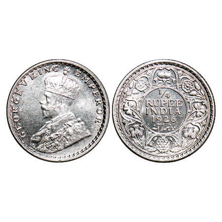 George V, Silver, 1/4 Rupee, 1926, Calcutta Mint, No dot. F. Prid 449. GK 1094. Mint State